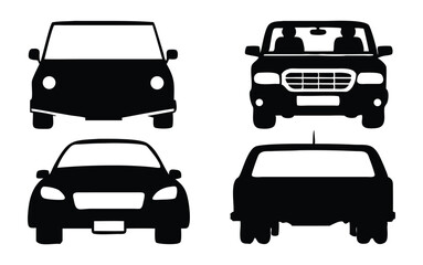 Premium Vector Silhouette Icons Set of Cars, Automotive Vehicles, Front and Rear Views, Modern Transportation Designs, Detailed Car Illustrations