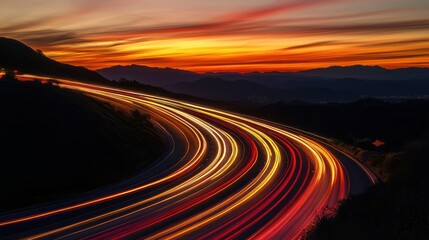 Winding highway at sunset, streaks of light from cars