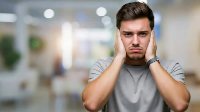 Young man with a serious expression looking directly at the camera. Portrait of an autistic person or person with special needs. Autism awareness concept footage.