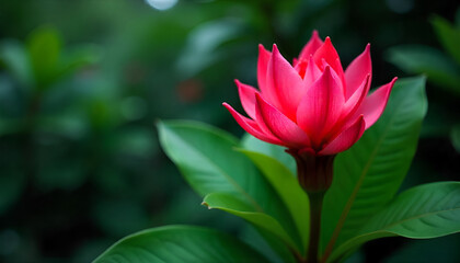 Obraz premium Close up of a pink torch ginger flower with green foliage in a natural setting outdoors