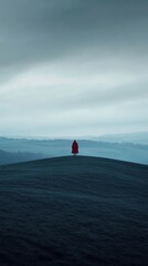 Lone figure stands on a dark hill under a cloudy sky.