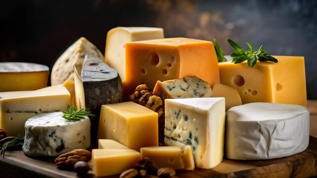 Assortment of gourmet cheese varieties including brie, cheddar, and blue cheese arranged attractively on a wooden cutting board.