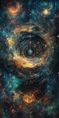 Abstract cosmic artwork featuring a central circular form surrounded by colorful nebulous patterns.