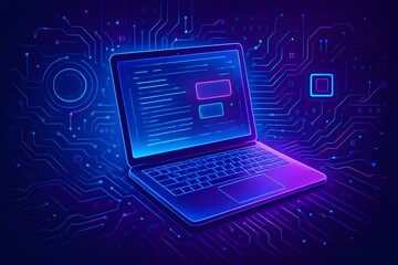 Futuristic Neon Laptop Illustration – Computer Technology Background for Modern Covers and Wallpapers

