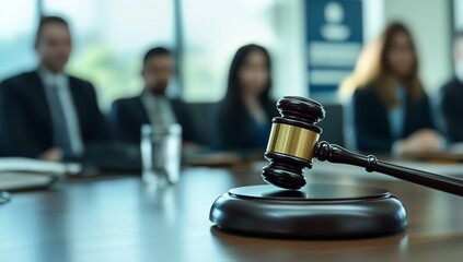 Law Firm Meeting Scene with Gavel on Table and Blurred Team in Background Around Conference Desk — Legal Concept for Justice and Decision Making