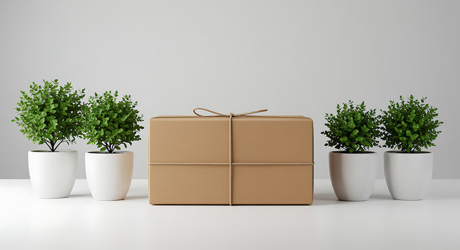 Simple arrangement of a brown parcel and green plants in white pots on a white surface