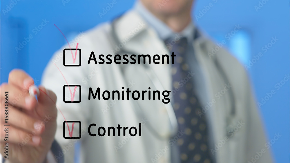 Poster doctor ticking checkboxes of assessment, monitoring and control on a virtual screen, representing a 