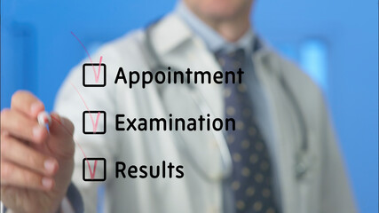 Doctor marking checkboxes for appointment scheduling, examination procedures, and results on a...
