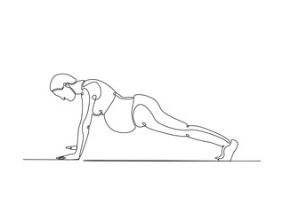 Continuous one line drawing of pregnant mother practicing yoga. Pregnant yoga outline illustration. Editable vector.