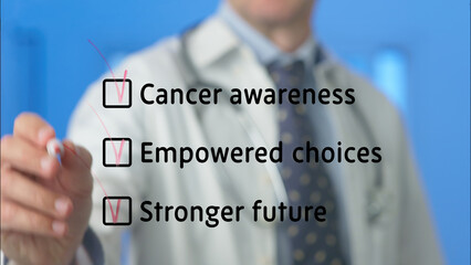 Doctor is drawing check marks on a transparent screen, highlighting the importance of cancer...