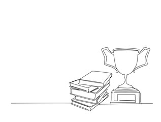 Continuous one line drawing of trophy and books. Trophy and book symbol of success outline illustration. Editable vector.