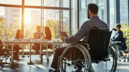 A wheelchair-using business professional leading a team meeting in a modern office space 