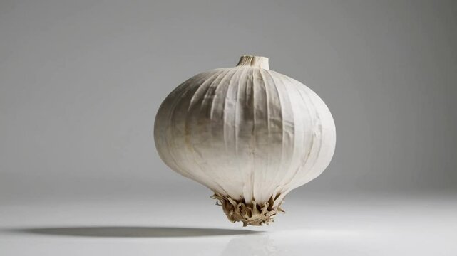 Garlic floating in the air with soft shadows showcasing texture and form