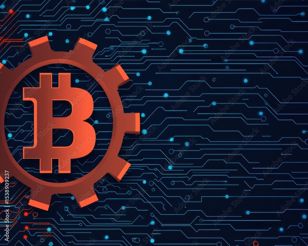 Poster fintech, finance and startup bitcoin symbol with a gear on a circuit-like background representing te