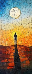 Silhouette of a person standing under a moon or sun during sunset or sunrise.