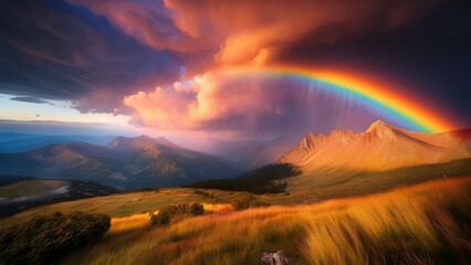 Obraz premium Majestic Rainbow Arcs Over Mountain Peaks During Stunning Sunset, Illuminated Landscape Scene, Colorful Sky, Nature's Beauty, Dramatic Clouds
