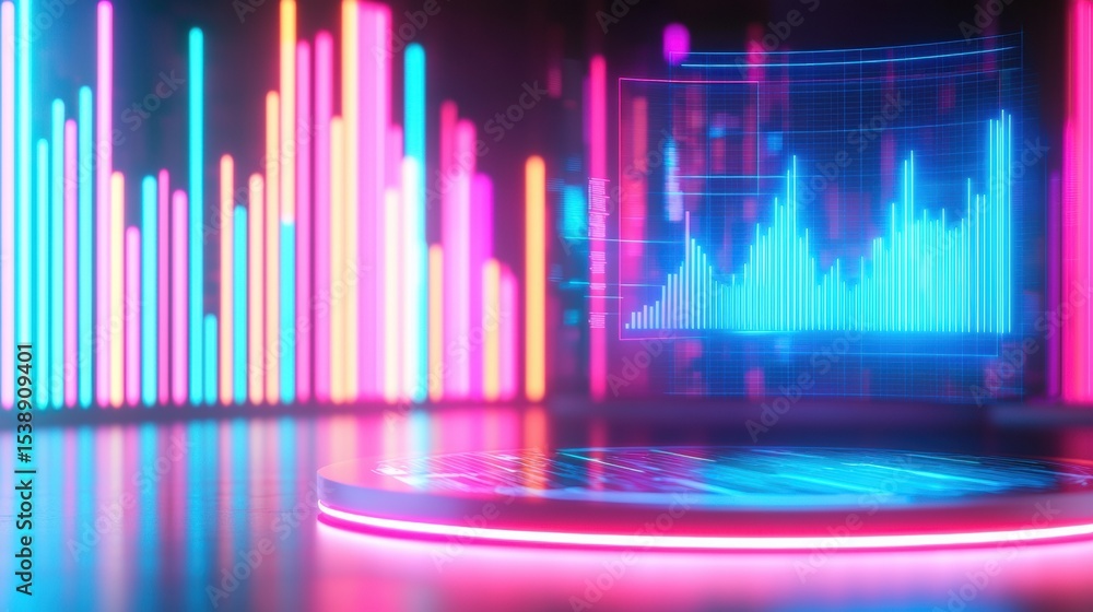 Poster fintech, finance and startup vibrant digital space with neon lights and data visualization elements.