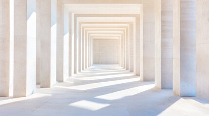 White Archway: An architecture masterpiece with symmetric archways and bright sunlight shining through create shadow that adds depth to design.