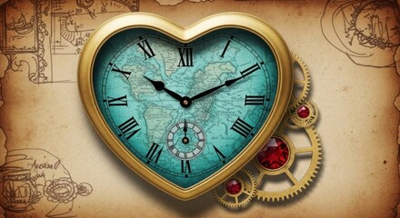 Heart Shaped Clock Teal World Map Antique Gears Gold Frame