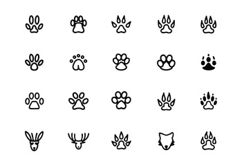 Diverse Black Animal Paw Print and Wildlife Vector Icon Set for Nature and Design Projects