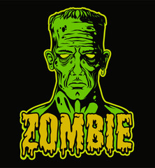 Vector illustration of a male zombie face with bold text, drawn in cartoon mascot or sticker style. Features creepy eyes, undead skin, stitches, and expressive typography. Perfect for Halloween design