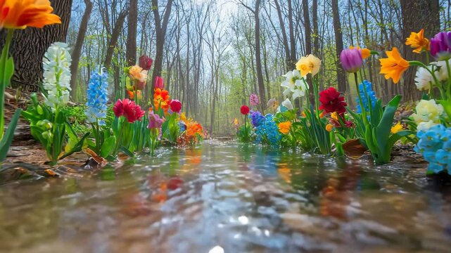 flowing water in forest motion, flowing water lake colorful mix of blooming spring flowers moving forward motion in a fresh forest clearing, water puddles reflecting petals and trees