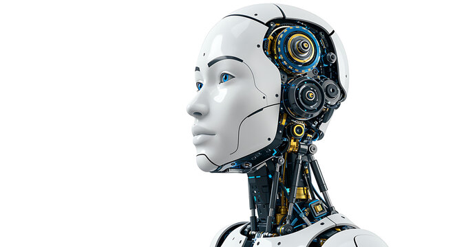 Female robot head and neck isolated on white background