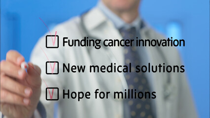 Doctor checking funding for cancer innovation, exploring new medical solutions and offering hope...