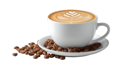 A cup of latte art coffee on a saucer with coffee beans