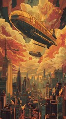 Airships fly over a city with orange clouds in a surreal scene.