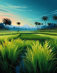 Stunning Digital Illustration of Lush Green Rice Paddies, Palm Trees, Mountains Under a Beautiful Sunrise Sky, Nature, Landscape, and Travel Concept