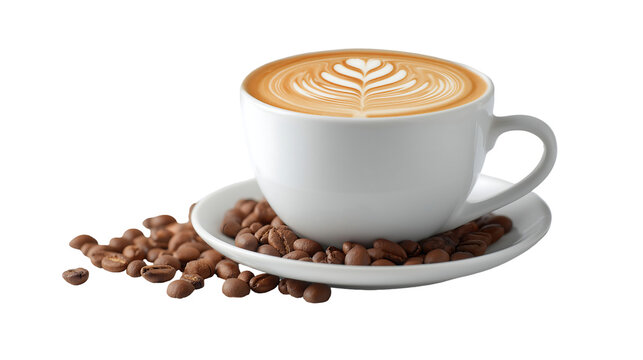 A cup of latte art coffee on a saucer with coffee beans