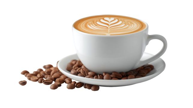 A cup of latte art coffee on a saucer with coffee beans