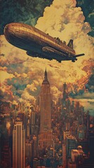 Airship flies over a cityscape with tall buildings and cloudy sky.