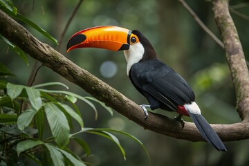 Naklejka premium Vibrant Toco Toucan Perched on a Branch in Lush Rainforest