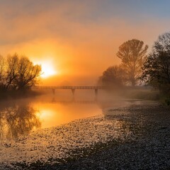 Stunning Sunrise Over River with Bridge, Misty Landscape, Golden Light, Reflection in Water, Nature Photography, Tranquil Scene