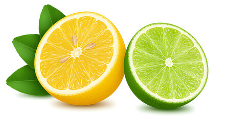 Fototapeta premium Half lemon and lime with leaves isolated on white background