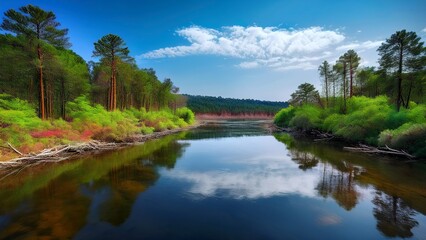 Tranquil River Flowing Through a Lush Forest Under a Bright Blue Sky, Featuring Scenic Landscape and Reflections of Trees and Clouds.