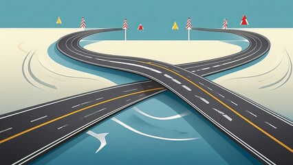 Colorful Illustrated Road Intersection with Fork in the Road Concept, Choices, Decisions, Opportunity, Road Signs and Direction, Cartoon Graphic Design