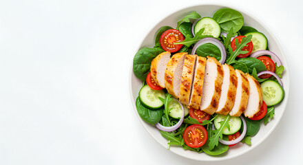 Grilled chicken salad in bowl isolated on white background