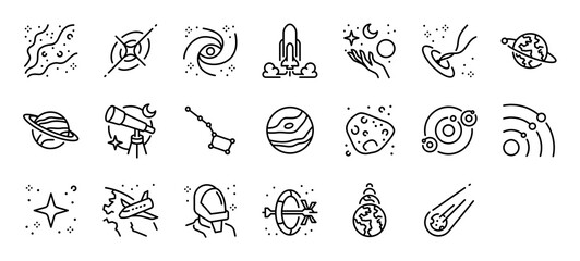 Set of Space vector stroke icons. such as Interstellar, Star, Science, Rocket, Worm Hole, Moon, Globe, Minor Planets, Asteroid illustration.