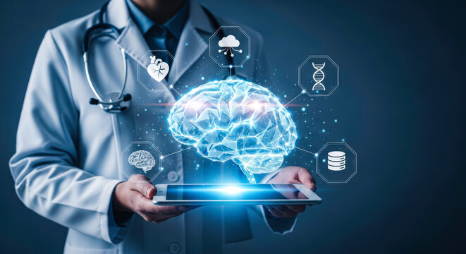 Medical doctor using ai artificial intelligence for healthcare brain research and diagnosis