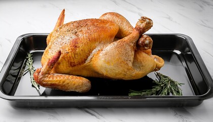 Delicious Roasted Chicken on a Black Roasting Pan with Rosemary - Thanksgiving Dinner, Holiday Food, Culinary Photography