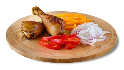 Delicious Roasted Chicken Drumsticks, Sliced Tomatoes, Onions and Peaches on Wooden Plate, Gourmet Meal, Isolated White Background