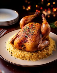 Delicious Roasted Chicken on a Bed of Couscous, Festive Holiday Dinner with Warm Lighting and a Cozy Atmosphere, Perfect for Thanksgiving or Christmas