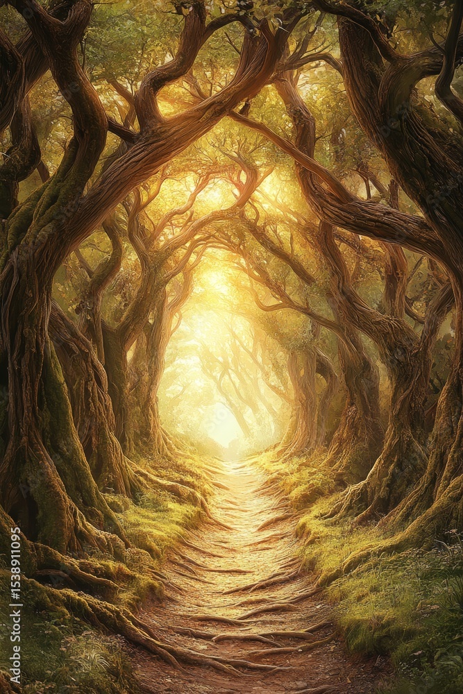 Poster forest path with trees forming a tunnel and bright light at the end.