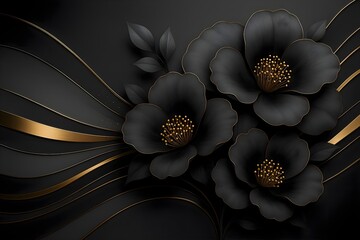 Closeup on a minimalist arrangement of black and gold flowers and leaves on a gray background