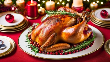 Delicious Roasted Turkey on a Festive Christmas Dinner Table with Ornaments, Candles, and a Red Tablecloth - Holiday Feast