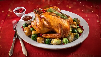 Delicious Roasted Turkey Christmas Dinner on a White Plate with Potatoes, Brussels Sprouts, and Cranberry Sauce on a Red Background - Festive Holiday Food