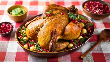 Delicious Roasted Turkey Dinner with Garnishes and Pomegranate on Festive Red and White Checkered Tablecloth, Holiday Feast, Thanksgiving, Food Photography